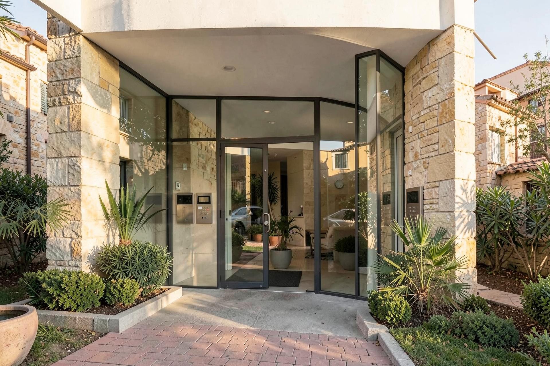 Entrada de una comunidad residencial bien mantenida