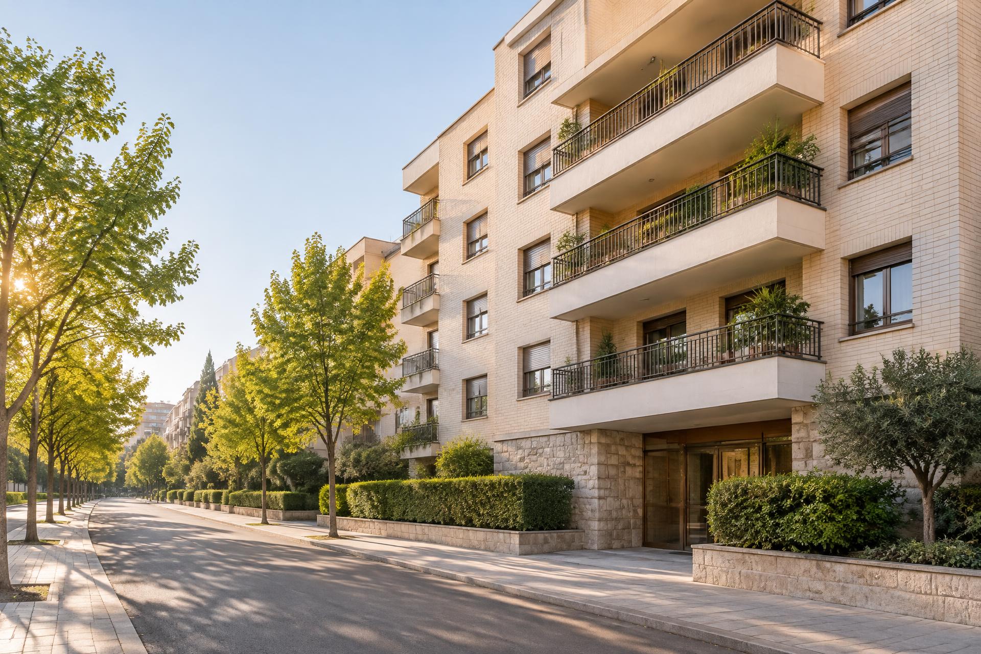 Edificio residencial cuidado en una calle arbolada de Alcorcón